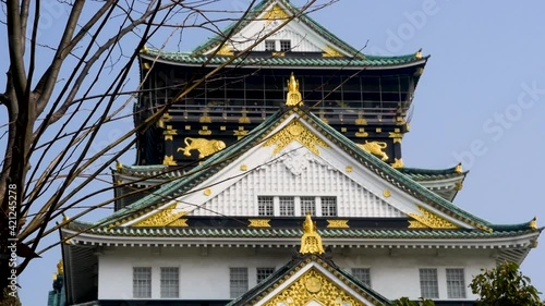 Slow-motion still shot of Osaka Castle Temple Architecture roof on Lake Biwa Japan 1920x1080 HD photo