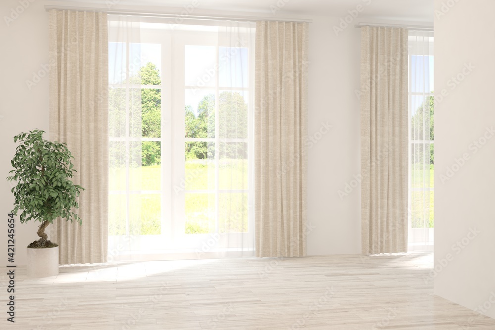 White empty room with summer landscape in window. Scandinavian interior design. 3D illustration White empty room with summer landscape in window. Scandinavian interior design. 3D illustration