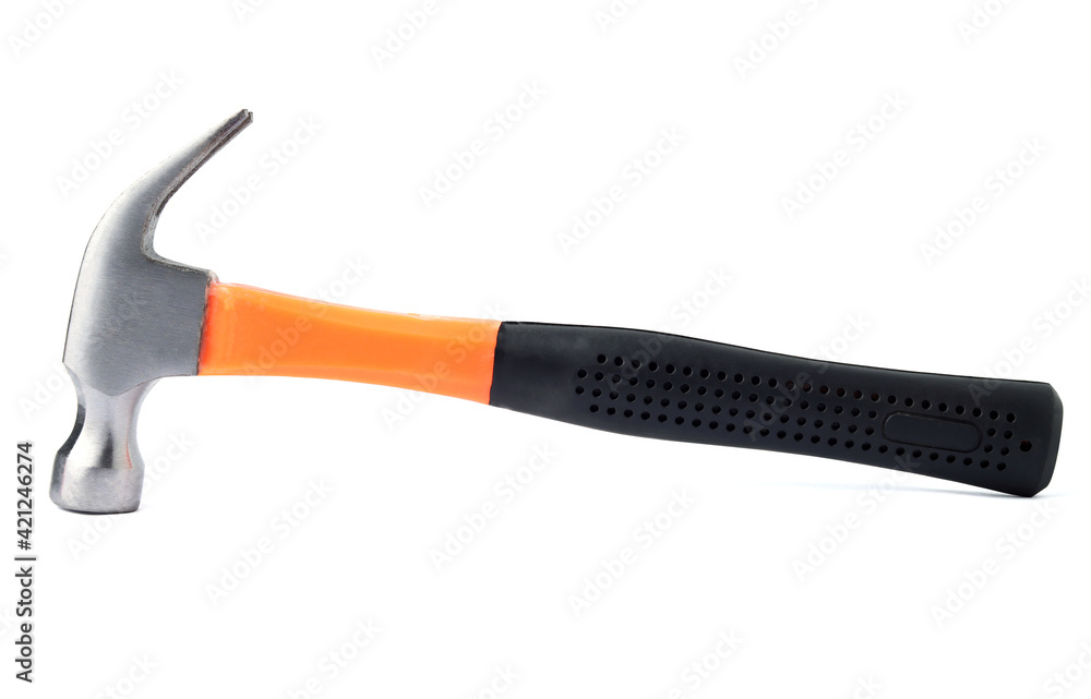 Close Up orange iron hammer with medium black rubber grip. It is a tool for nailing the roof. Isolated on white background. with clipping path. Close Up orange iron hammer with medium black rubber grip. It is a tool for nailing the roof. Isolated on white background. with clipping path.