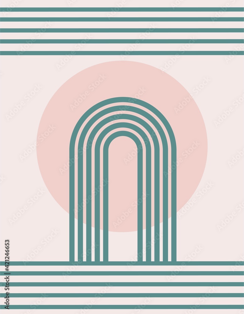 Abstract modern aesthetic background with sun and geometric rainbow gates and horizontal lines. Blue and pink. Boho style wall decor. Mid-century modern minimalist art print. Vector illustration. Abstract modern aesthetic background with sun and geometric rainbow gates and horizontal lines. Blue and pink. Boho style wall decor. Mid-century modern minimalist art print. Vector illustration.