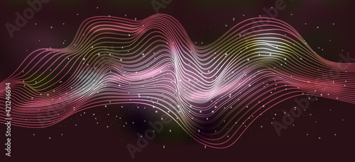 Abstract Art Universe Digital Blurred Light Spiral decorative design with Scattering Glittering Stars Spreading on Gradient Pink Yellow Background With Flare in the Middle Vector Graphics Design