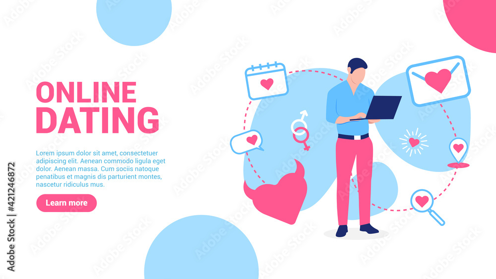 Online dating concept. Landing page or web banner template. Man with a laptop and love icons around him. Pulse, statistics, profile. Vector illustration in isometric style.