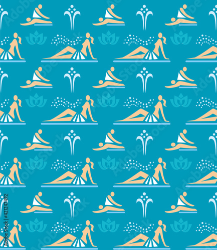 Spa massage sauna seamless decorative pattern.
Woman in sauna and masseur  icons on blue background.Vector available. 
