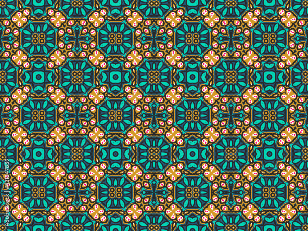 Wallpaper Geometric Ornament Abstract Pattern Green, Black, Blue, and Gold Yellow for Print and Background. Geometric Tile Digital Paper.