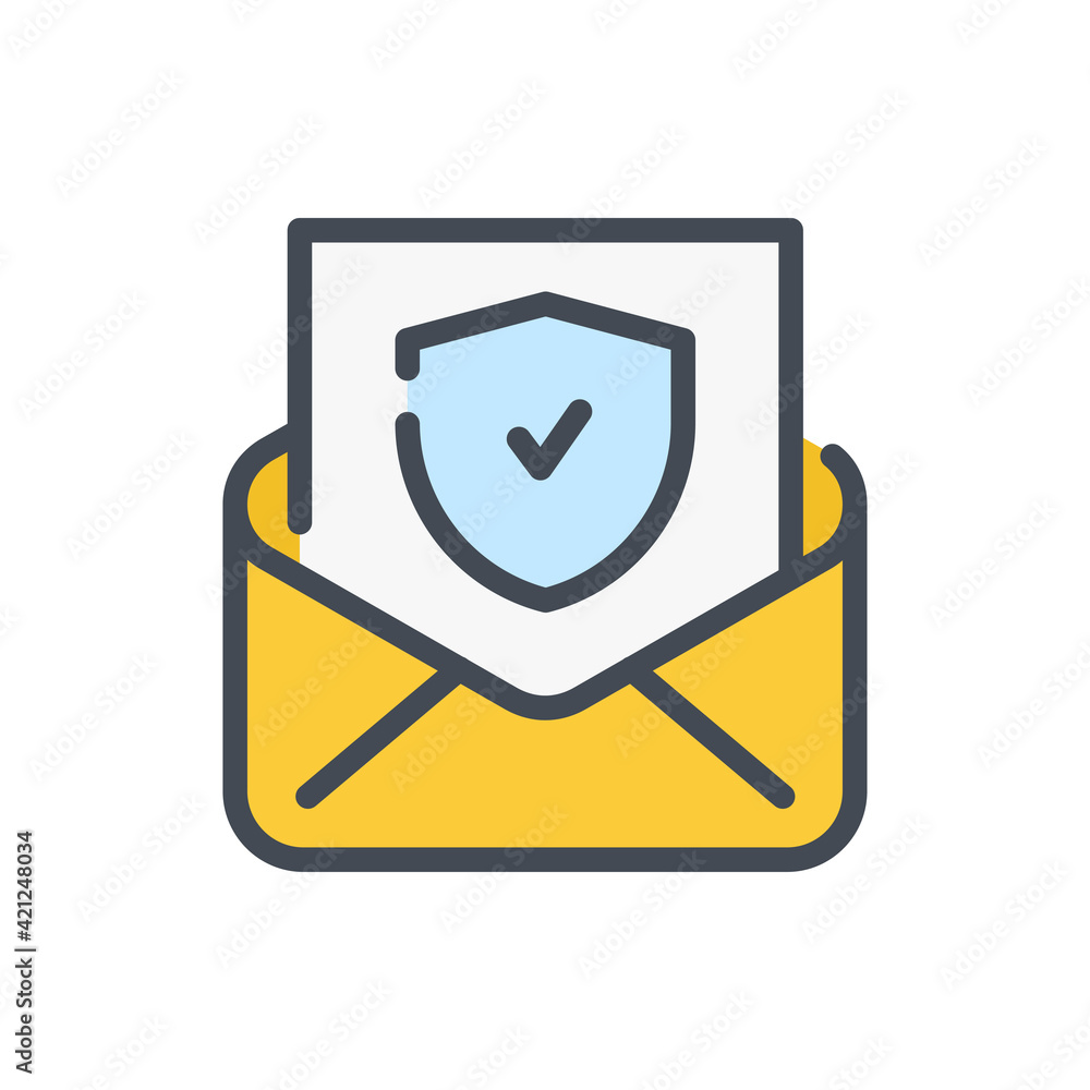 Open letter with shield and tick color line icon. Email protection and Mail secure vector outline colorful sign. Open letter with shield and tick color line icon. Email protection and Mail secure vector outline colorful sign.