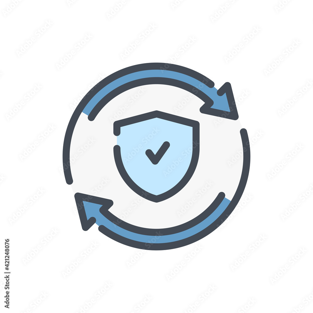 Update arrows with shield and check mark color line icon. Change insurance plan and Update protection vector outline colorful sign. Update arrows with shield and check mark color line icon. Change insurance plan and Update protection vector outline colorful sign.