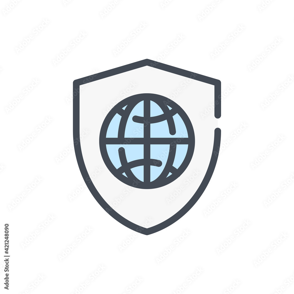 Shield with globe color line icon. International insurance and World protection vector outline colorful sign.
