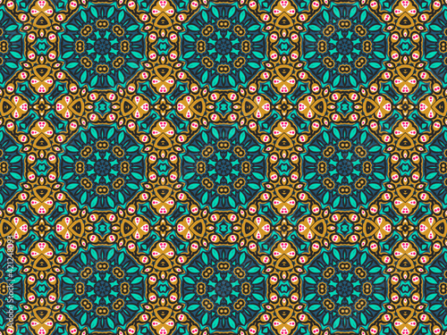 Wallpaper Geometric Ornament Abstract Pattern Green, Black, Blue, and Gold Yellow for Print and Background. Geometric Tile Digital Paper. © Orlandoit