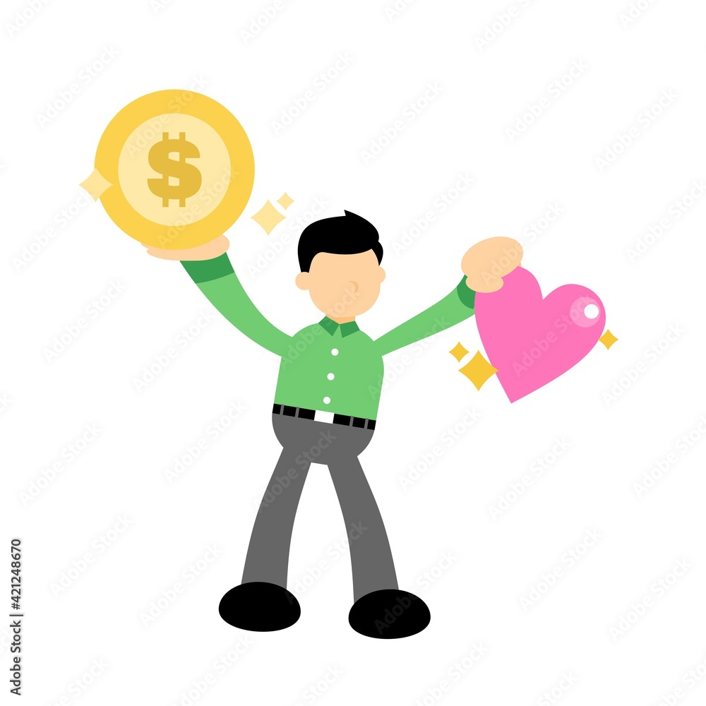 businessman choose love and gold coin money dollar cartoon doodle flat design style vector illustration businessman choose love and gold coin money dollar cartoon doodle flat design style vector illustration