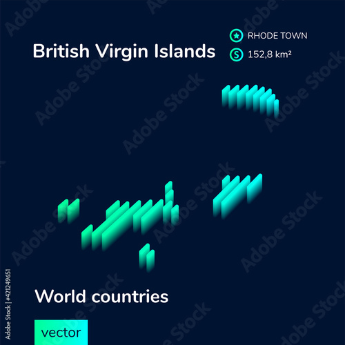 Stylized striped vector neon isometric British Virgin Islands map with 3d effect. Map of British Virgin Islands is in green and mint colors on the dark blue background