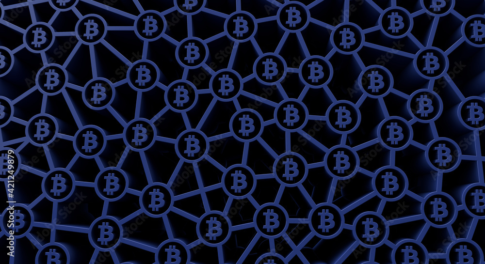 Bitcoin cryptocurrency symbol blockchain technology background. 3D Rendering
