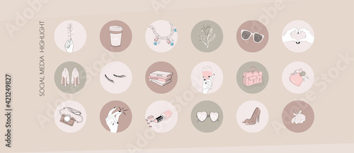 Instagram highlight cover icons and pin, planner sticker template. minimal simple feminine social media logo with infographic for fashion, spa, beauty, make up blog.  in nude rose pink colors