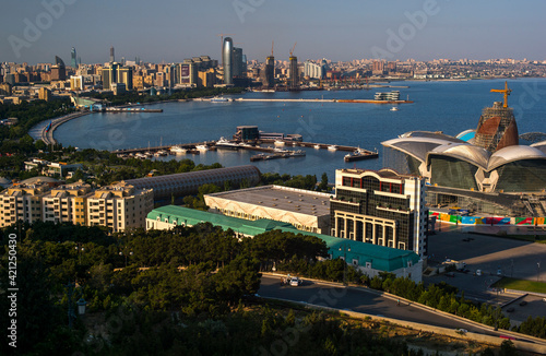 panorama of the city of Baku with sea side and skyscrapers 
