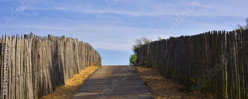 Panoramique chemin de bois sur les dunes de la Tranche-sur-Mer (85360), département de la Vendée en région Pays de la Loire, France photo