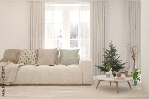 White living room with sofa and winter landscape in window. Scandinavian interior design. 3D illustration