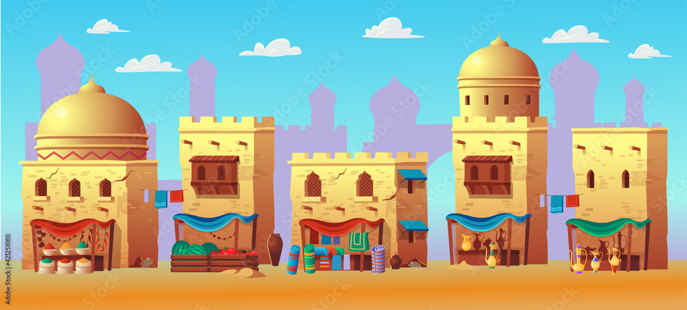 Panorama of ancient arab city with houses and the Arab market. Vector illustration in cartoon style.