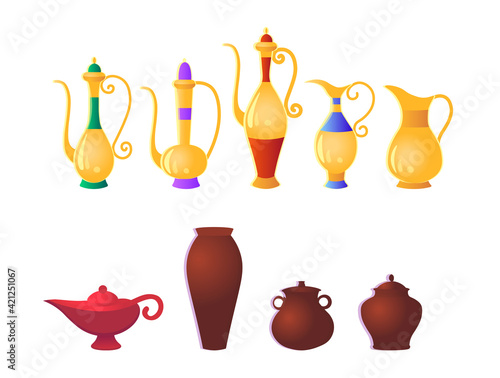 Set of traditional Arabic jugs and magical genie lamp. Vector illustration in cartoon style.