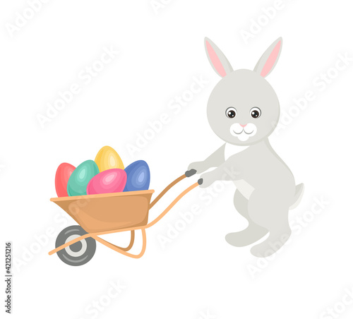 Cartoon Cute bunny driving  wheelbarrow with painted Easter eggs. Simple flat illustration.