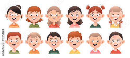 Set of little girls and boys avatars. Smiling faces of  girls and boys  with different hairstyles. Colorful cartoon vector illustration isolated on white background