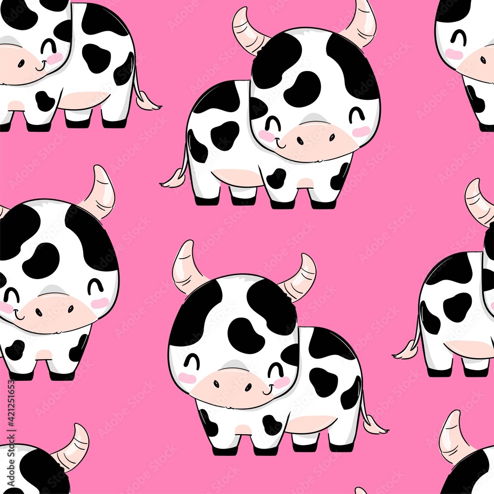 Fototapeta premium Hand drawn cute cow on pink background seamless pattern vector illustration Cow print