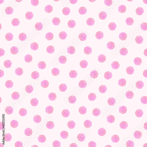 pink watercolor circles on a pink background. Hand drawn seamless pattern, vector illustration. Texture for fabric, wrapping, wallpaper. Decorative print.