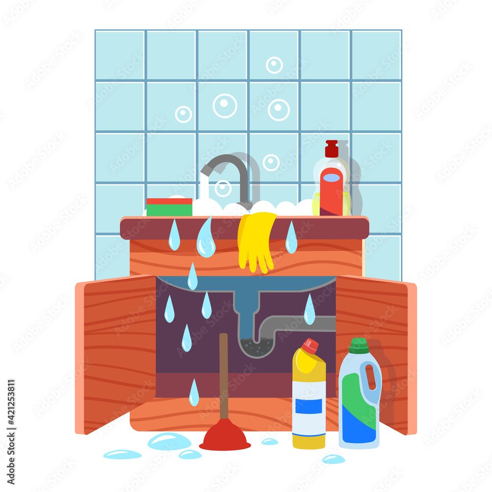 Clogged kitchen sink. Leaking sink with clogged water pipe. Broken