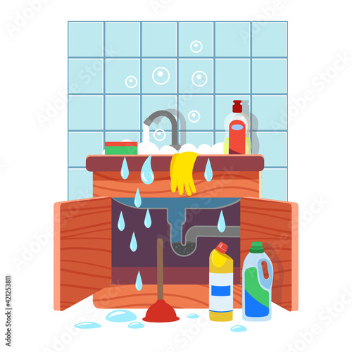 Clogged kitchen sink. Leaking sink with clogged water pipe. Broken water pipe with leakage. Vector illustration of cartoon style.