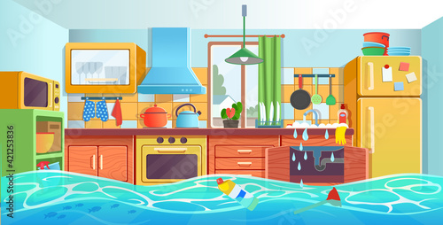 Clogged kitchen sink. Kitchen interior with clogged drain. Broken water pipe with leakage. Vector illustration of cartoon style.
