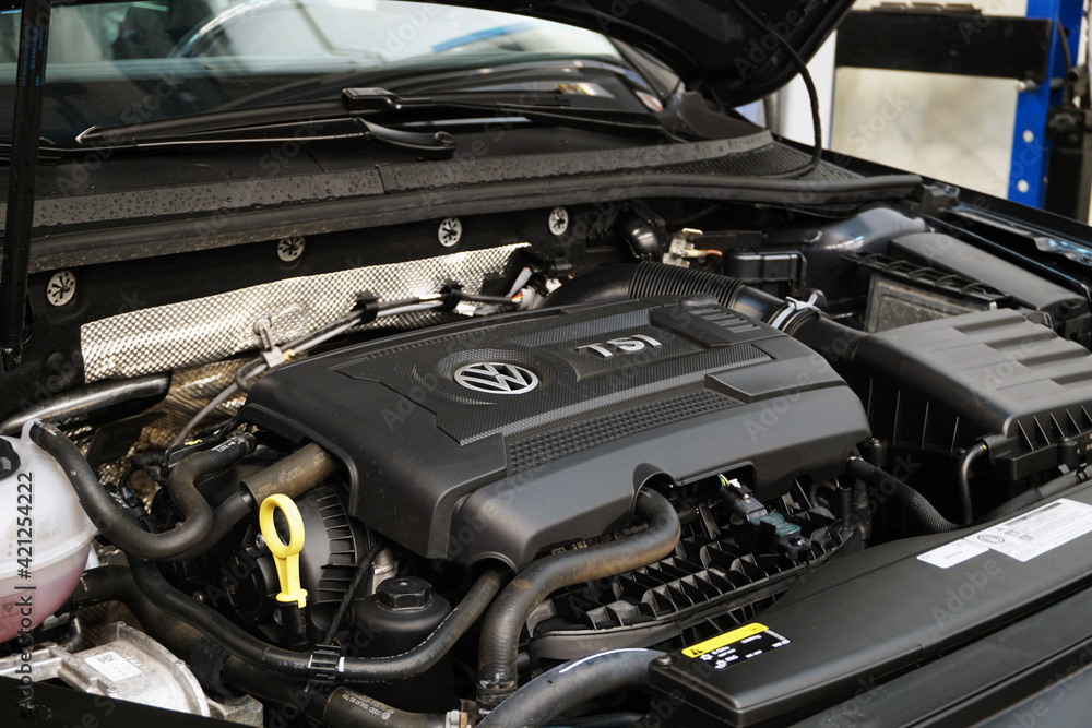 Russian Car Rear Engine Moscow Russia - March 06 2021: Clean engine of a modern car. Side view ...