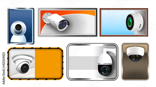 Caution Protect Cctv Nameplates Posters Set Vector