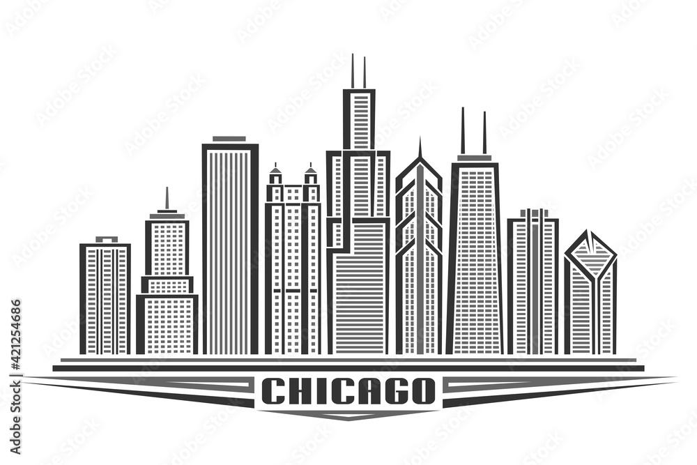 Vector illustration of Chicago City, horizontal monochrome poster with line art design chicago city scape, urban american concept with unique decorative font for black word chicago on white background