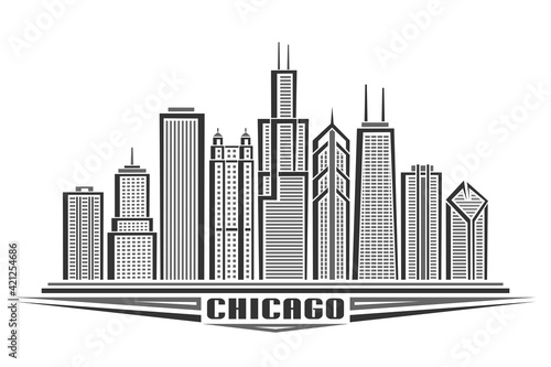 Vector illustration of Chicago City  horizontal monochrome poster with line art design chicago city scape  urban american concept with unique decorative font for black word chicago on white background