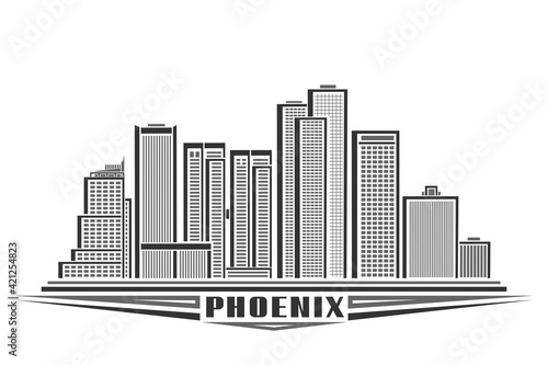 Vector illustration of Phoenix City, horizontal monochrome poster with line art design phoenix city scape, urban american concept with unique decorative font for black word phoenix on white background