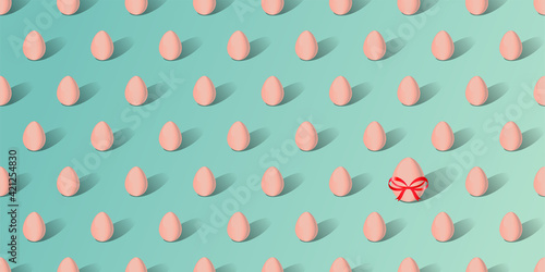 Easter eggs at an isometric projection on a blue background. Vector illustration, horizontal banner