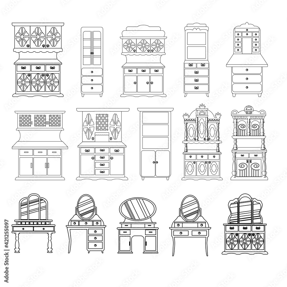 set of cute vintage dressing tables and cabinets. collection of antique bedroom furniture, a convenient place to store cosmetics and jewelry. Vector in sketch style, isolated on a white background