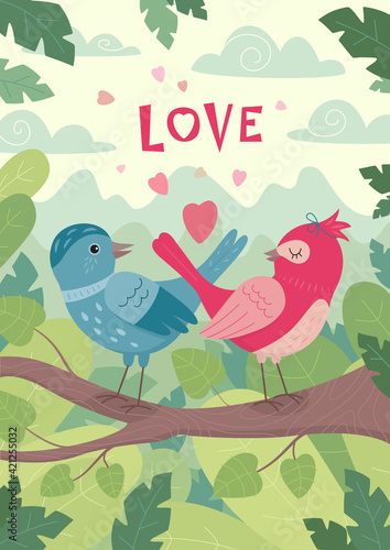 Couple of birds in love - card, poster, illustration. Hand drawn