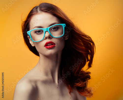 Wallpaper Mural pretty red-haired woman with nude keys red lips glasses luxury Torontodigital.ca
