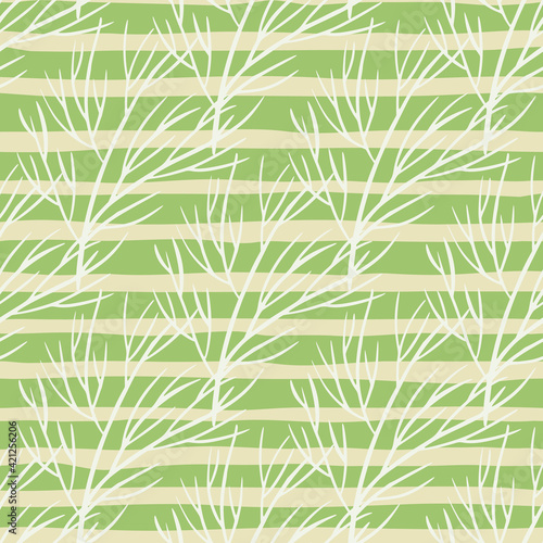 White contoured minimalistic tree branches silhouettes seamless pattern. Light green striped background.