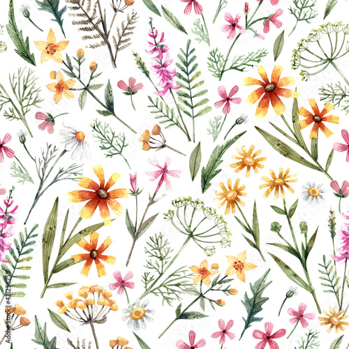 Cute floral seamless pattern with hand-drawn illustrations. Delicate watercolor meadow flowers: chamomile, buttercups, tansy, dill. Botanical illustration for wrapping paper, textile, decoration