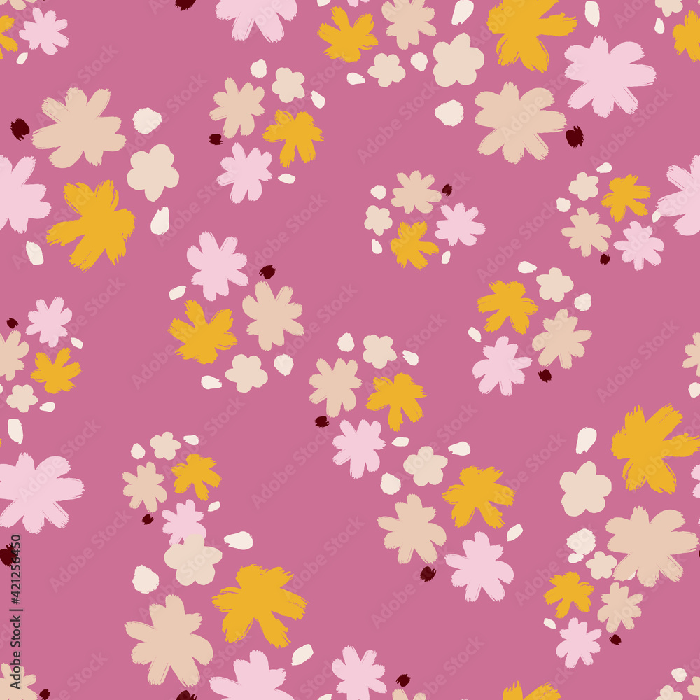 Random seamless pattern with doodle hand drawn flower elements. Pink background. Nature elements.