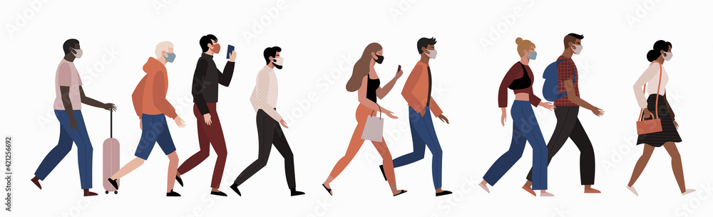 Different people walking wearing face masks isolated on white background. Men and women in respirators. Protection from coronavirus outbreak.