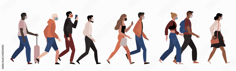 Different people walking wearing face masks isolated on white background. Men and women in respirators. Protection from coronavirus outbreak. Different people walking wearing face masks isolated on white background. Men and women in respirators. Protection from coronavirus outbreak.
