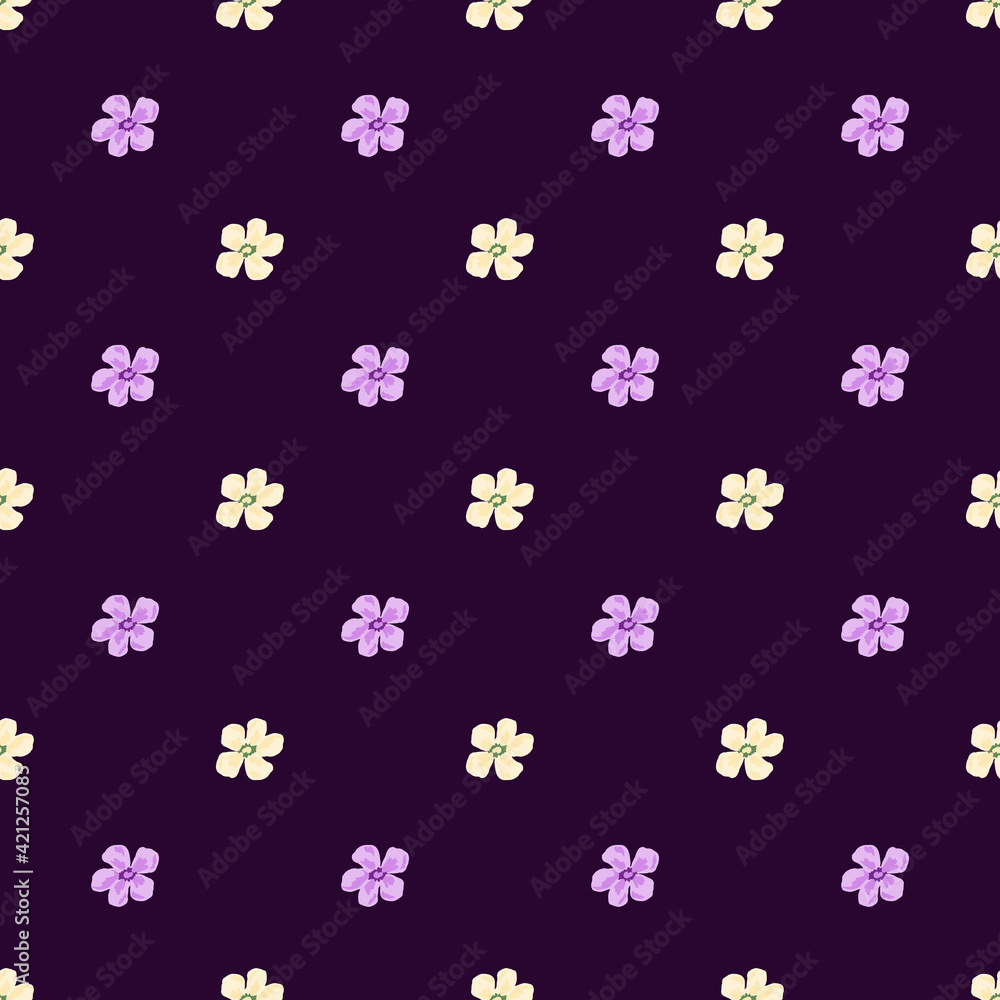 Contrast ditsy seamless pattern with white and lilac flower buds ornament. Dark purple background. Contrast ditsy seamless pattern with white and lilac flower buds ornament. Dark purple background.