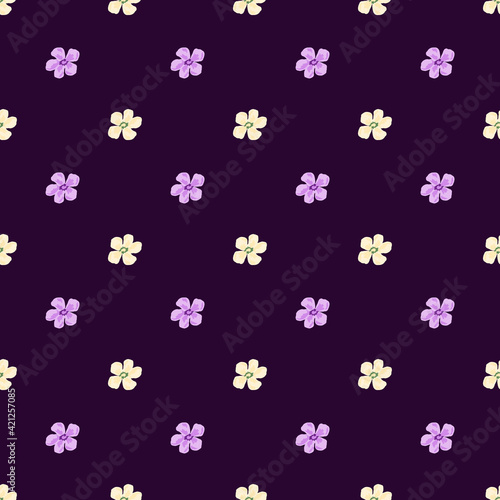 Contrast ditsy seamless pattern with white and lilac flower buds ornament. Dark purple background.