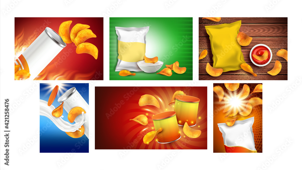 Chips Snack Creative Promo Posters Set Vector