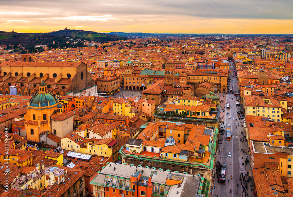 Aerial view of Bologna, Italy at sunset. Colorful sky over the historical city center