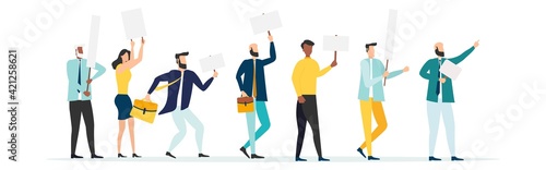 People holding signs. Protest demostration or picket. Youth crowd against violence, pollution, discrimination, human rights violation - Vector.