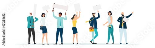 People holding signs. Protest demostration or picket. Youth crowd against violence, pollution, discrimination, human rights violation - Vector.