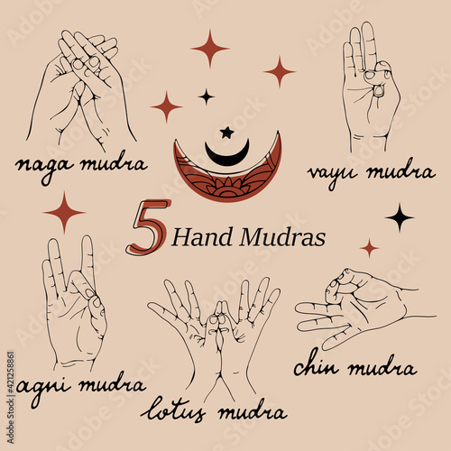 Hand mudras set. Colorful hand yoga collection.