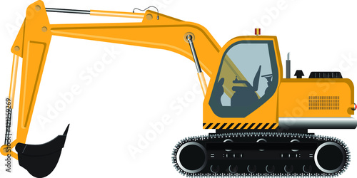 Digger hydraulic excavator with dipper isolated on white background, vector illustration
